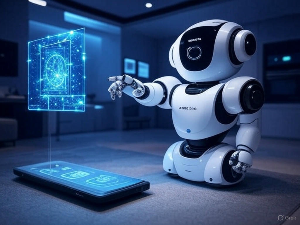 Samsung Ballie with glowing lights in a cyberpunk-style smart home, showcasing Easy AI Gadgets 2025 for beginners.